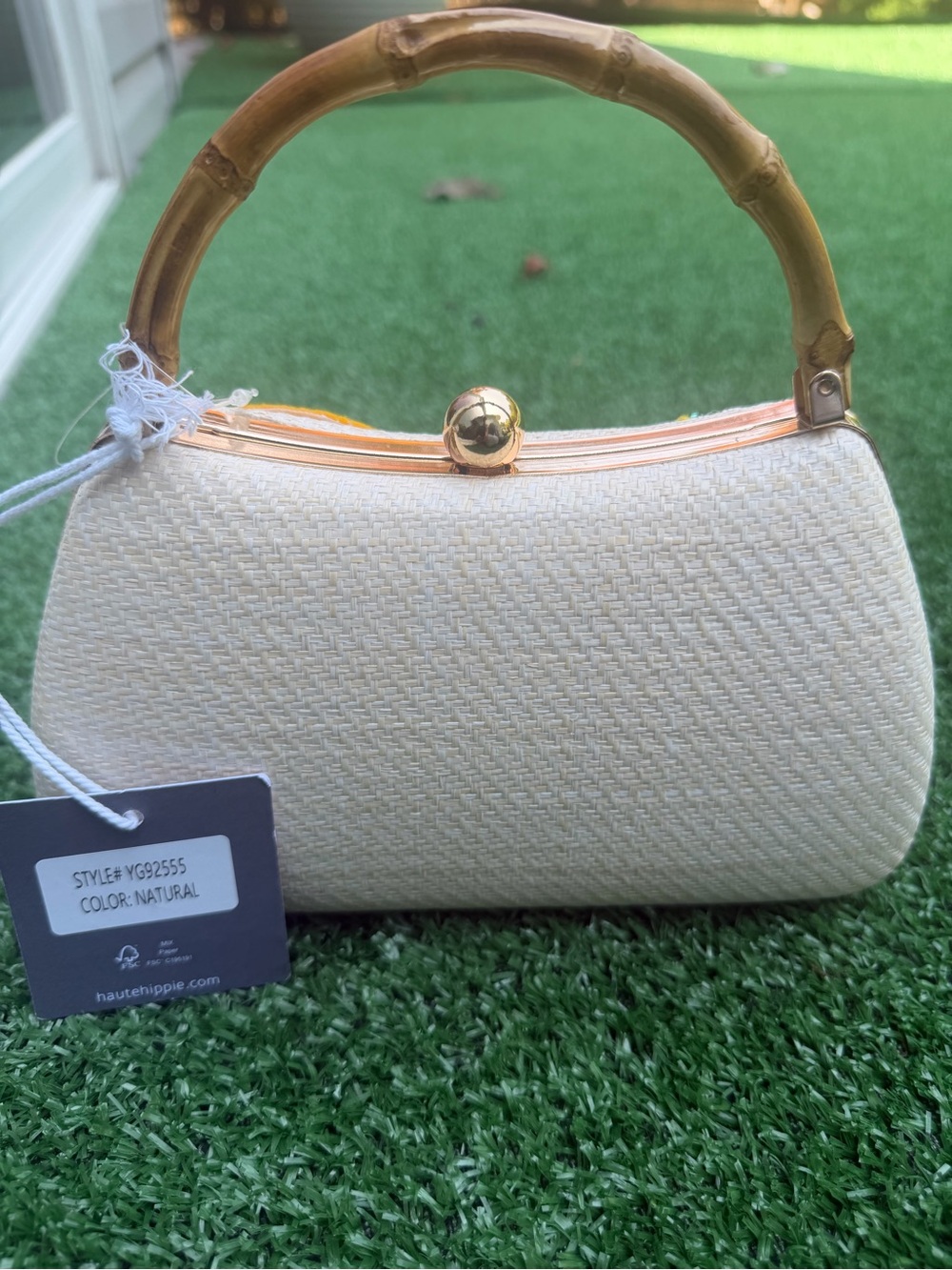 Haute Hippie Cream Mini Straw Top-Handle Bag with Yellow Fruit Appliqués - Picture 2 of 3